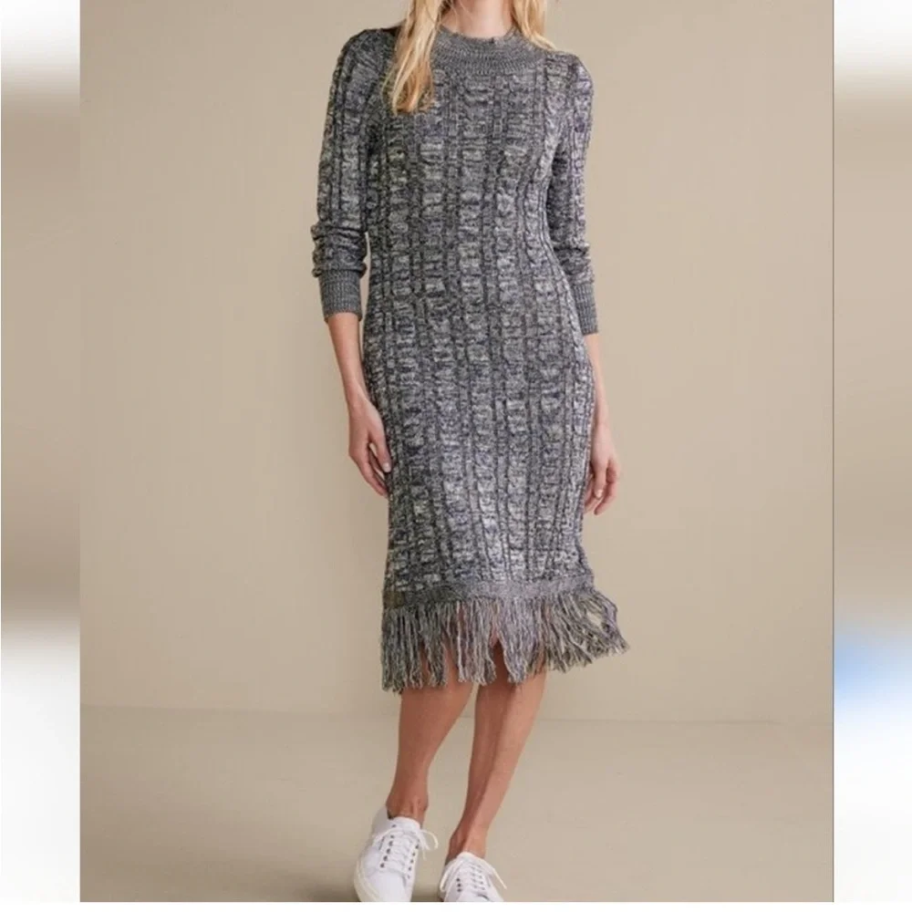 Soft Surroundings Cable Knit Sweater Dress with Fringe Hem MSRP $150 - Picture 1 of 9
